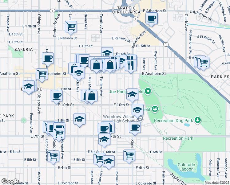 map of restaurants, bars, coffee shops, grocery stores, and more near 1060 Belmont Avenue in Long Beach