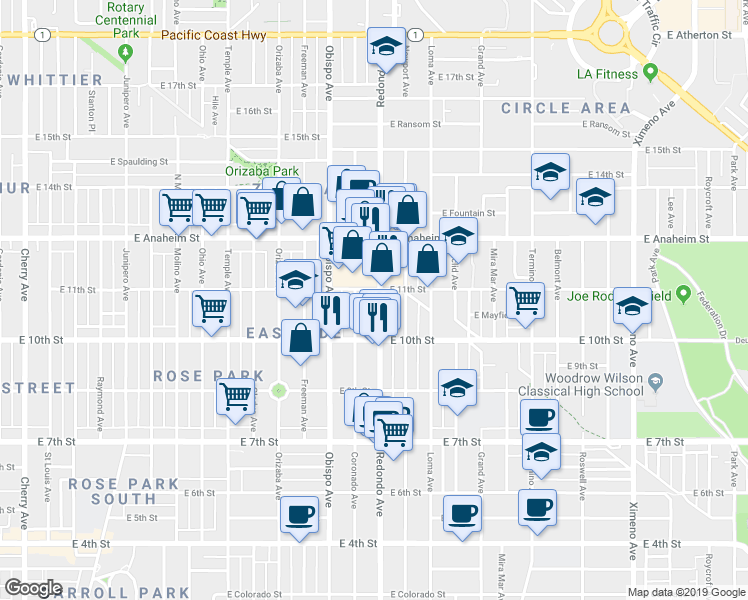 map of restaurants, bars, coffee shops, grocery stores, and more near 1054 Redondo Avenue in Long Beach