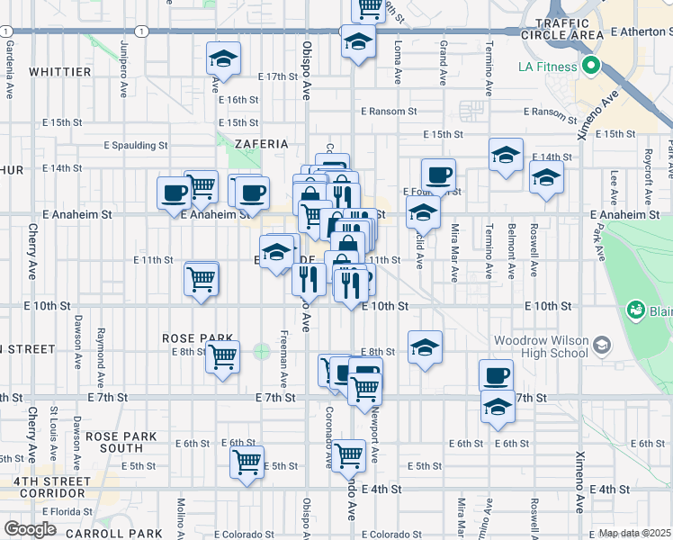 map of restaurants, bars, coffee shops, grocery stores, and more near 1048 Coronado Avenue in Long Beach
