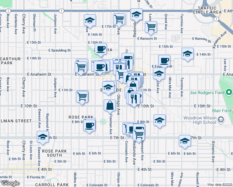 map of restaurants, bars, coffee shops, grocery stores, and more near 1049 Obispo Avenue in Long Beach