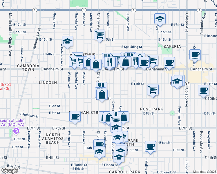 map of restaurants, bars, coffee shops, grocery stores, and more near 1054 Dawson Avenue in Long Beach