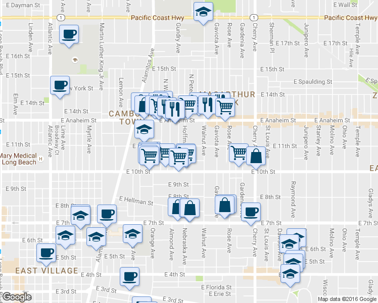 map of restaurants, bars, coffee shops, grocery stores, and more near 1503 East Sunshine Court in Long Beach