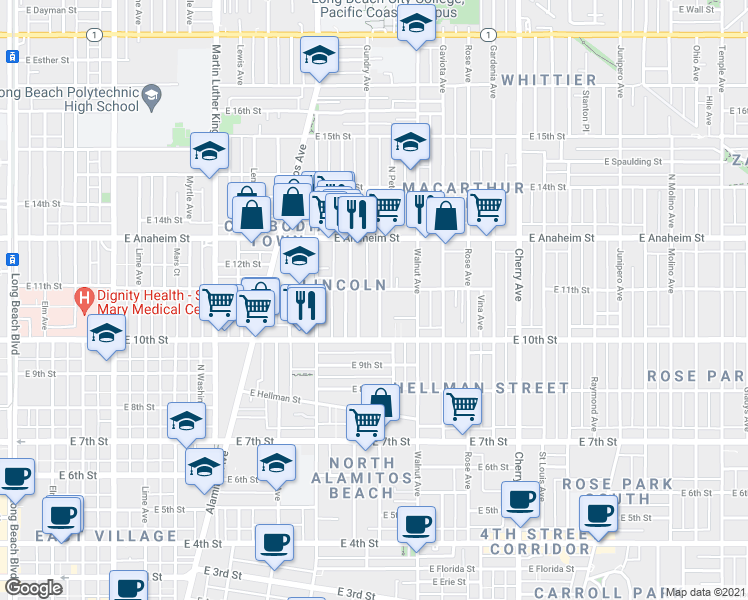 map of restaurants, bars, coffee shops, grocery stores, and more near 1048 Mahanna Avenue in Long Beach