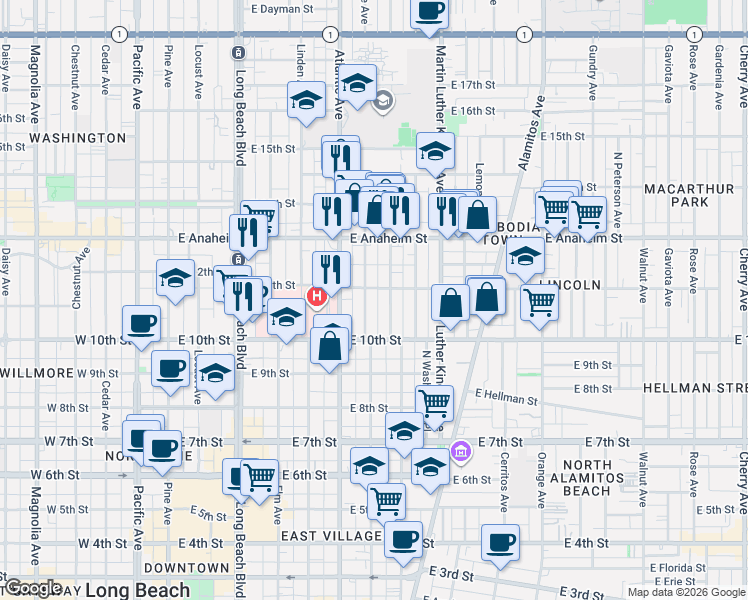 map of restaurants, bars, coffee shops, grocery stores, and more near 1045 Marietta Court in Long Beach