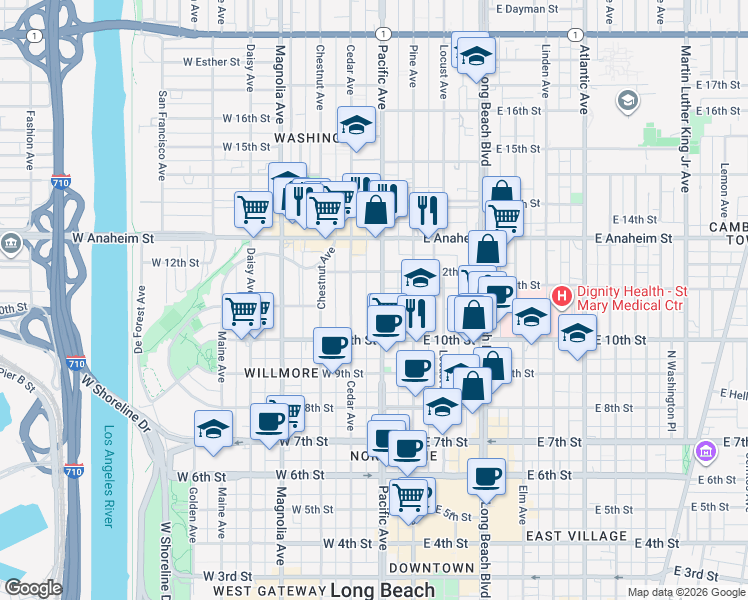 map of restaurants, bars, coffee shops, grocery stores, and more near 1059 Pacific Avenue in Long Beach