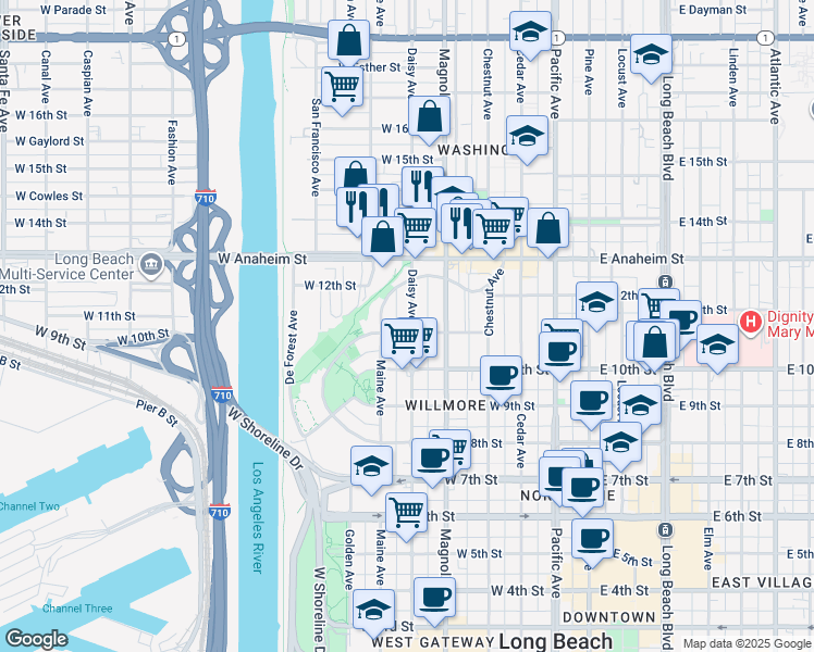 map of restaurants, bars, coffee shops, grocery stores, and more near 620 Nylic Court in Long Beach