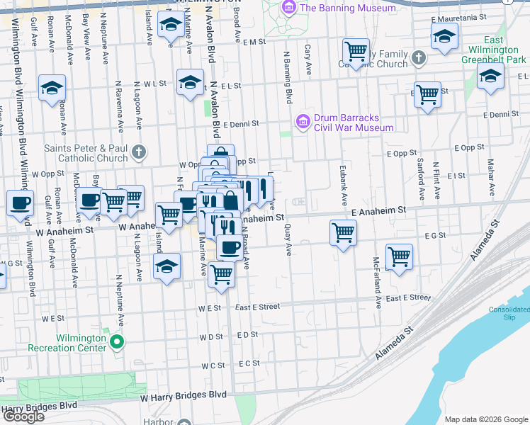 map of restaurants, bars, coffee shops, grocery stores, and more near 236 East Anaheim Street in Los Angeles