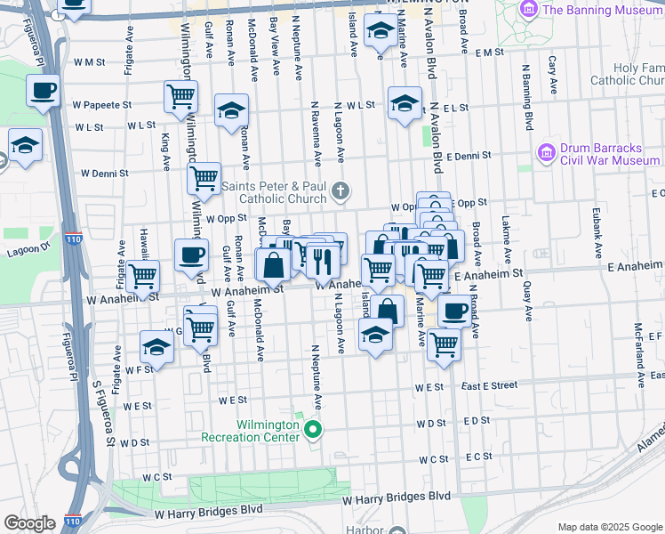 map of restaurants, bars, coffee shops, grocery stores, and more near 401 West Anaheim Street in Los Angeles