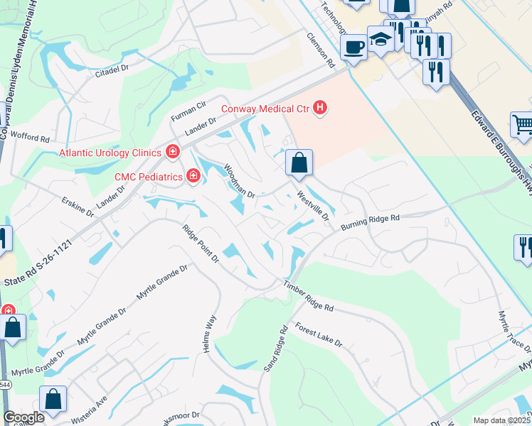 map of restaurants, bars, coffee shops, grocery stores, and more near 106 Cart Crossing Drive in Conway