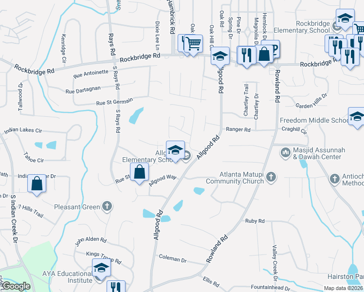 map of restaurants, bars, coffee shops, grocery stores, and more near 531 Woodcrest Manor Drive in Stone Mountain