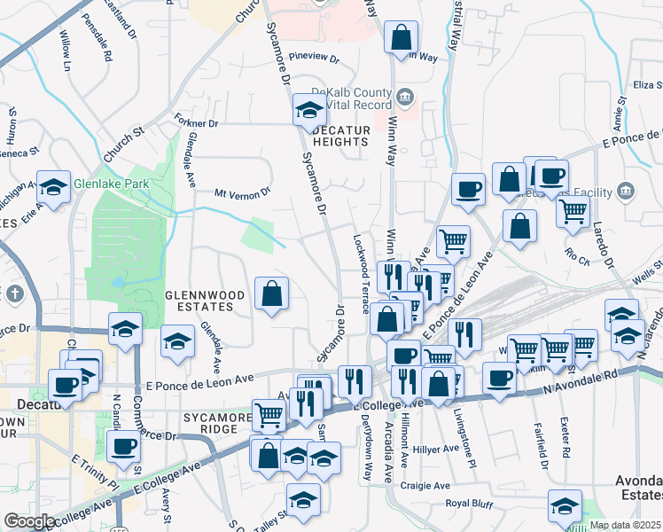map of restaurants, bars, coffee shops, grocery stores, and more near 608 Sycamore Drive in Decatur