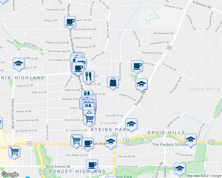 map of restaurants, bars, coffee shops, grocery stores, and more near 1156 Rosedale Drive Northeast in Atlanta