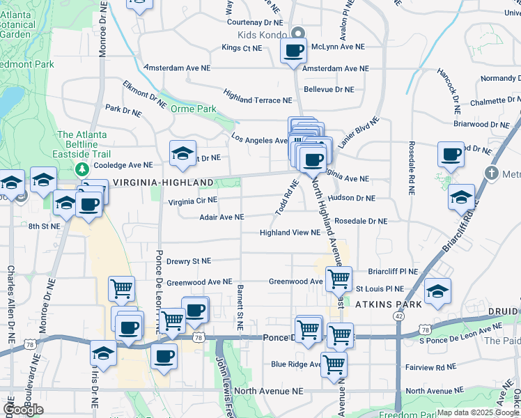 map of restaurants, bars, coffee shops, grocery stores, and more near 914 Adair Avenue Northeast in Atlanta