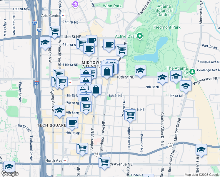 map of restaurants, bars, coffee shops, grocery stores, and more near 910 Piedmont Avenue Northeast in Atlanta