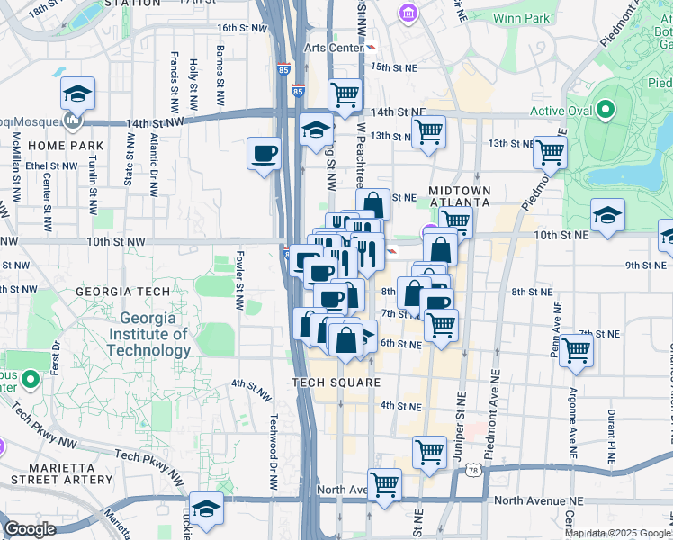 map of restaurants, bars, coffee shops, grocery stores, and more near 950 West Peachtree Street Northwest in Atlanta