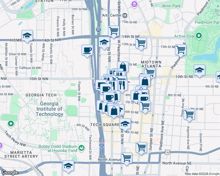 map of restaurants, bars, coffee shops, grocery stores, and more near 950 West Peachtree Street Northwest in Atlanta