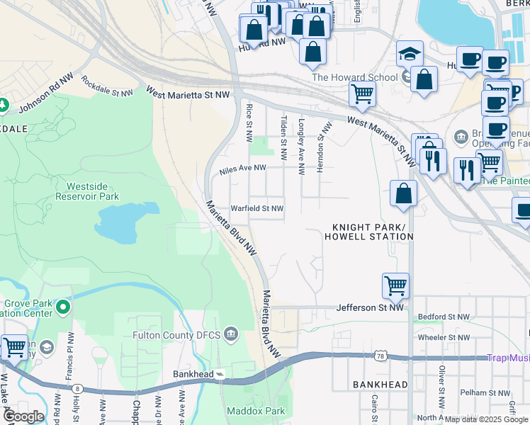 map of restaurants, bars, coffee shops, grocery stores, and more near 1179 Foster Place Northwest in Atlanta