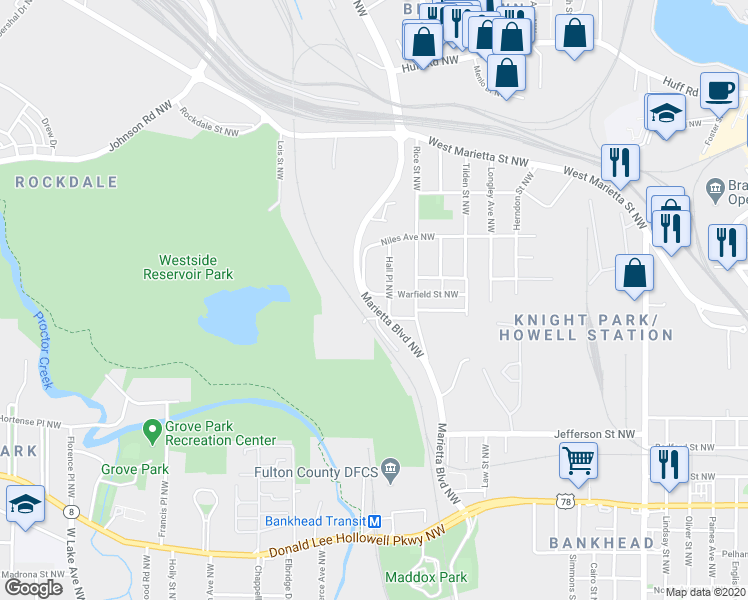 map of restaurants, bars, coffee shops, grocery stores, and more near 918 Marietta Boulevard Northwest in Atlanta