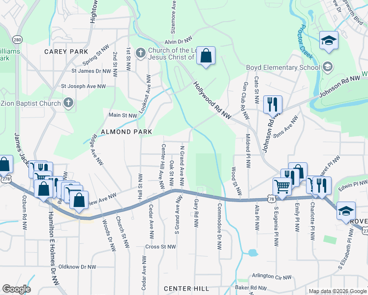 map of restaurants, bars, coffee shops, grocery stores, and more near 919 North Grand Avenue Northwest in Atlanta