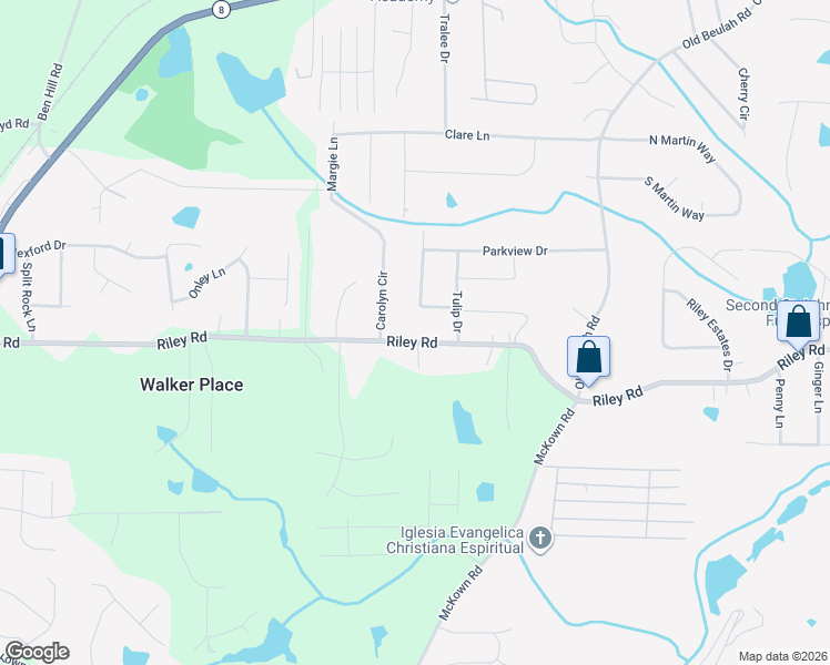 map of restaurants, bars, coffee shops, grocery stores, and more near 3380 Riley Road in Douglasville