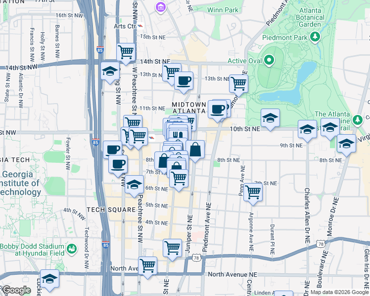 map of restaurants, bars, coffee shops, grocery stores, and more near 900 Peachtree Street Northeast in Atlanta