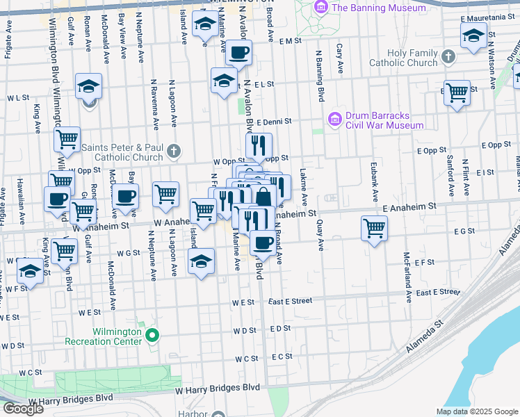 map of restaurants, bars, coffee shops, grocery stores, and more near 124 East Anaheim Street in Los Angeles