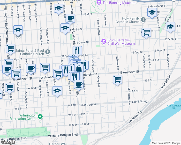 map of restaurants, bars, coffee shops, grocery stores, and more near 235 East Anaheim Street in Los Angeles