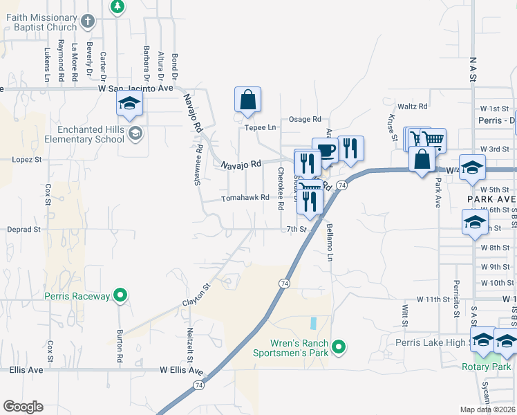 map of restaurants, bars, coffee shops, grocery stores, and more near 640 Apache Road in Perris