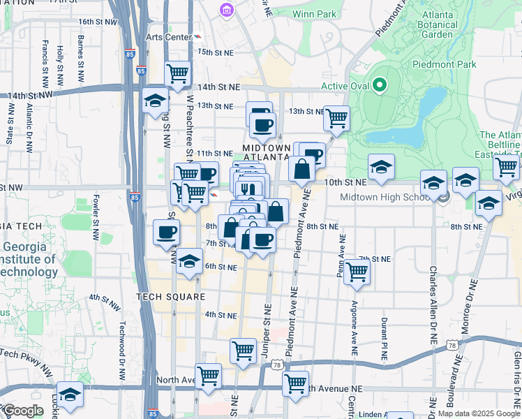 map of restaurants, bars, coffee shops, grocery stores, and more near 900 Peachtree Street Northeast in Atlanta