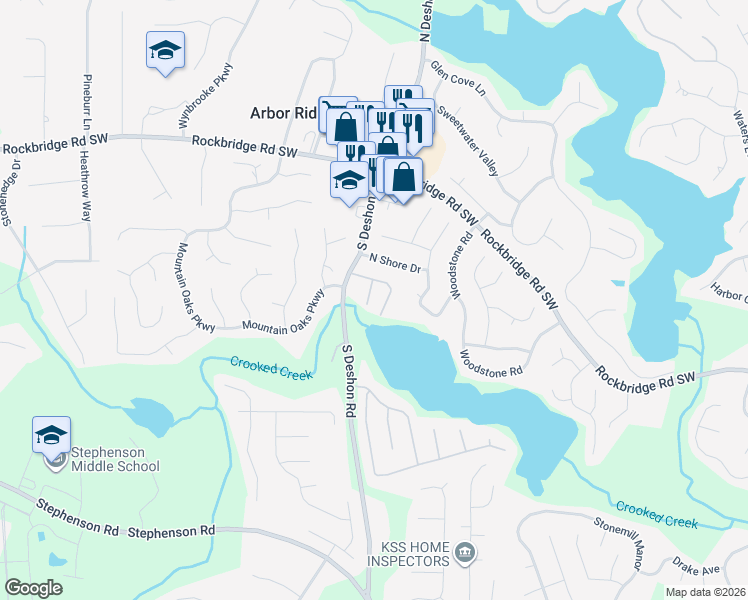 map of restaurants, bars, coffee shops, grocery stores, and more near 7127 Biltmore Way in Lithonia