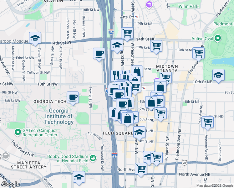 map of restaurants, bars, coffee shops, grocery stores, and more near 95 8th Street Northwest in Atlanta