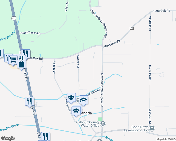 map of restaurants, bars, coffee shops, grocery stores, and more near 290 Clara Day Drive in Alexandria