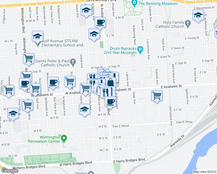 map of restaurants, bars, coffee shops, grocery stores, and more near 810 North Avalon Boulevard in Los Angeles