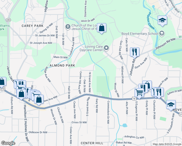 map of restaurants, bars, coffee shops, grocery stores, and more near 919 North Grand Avenue Northwest in Atlanta