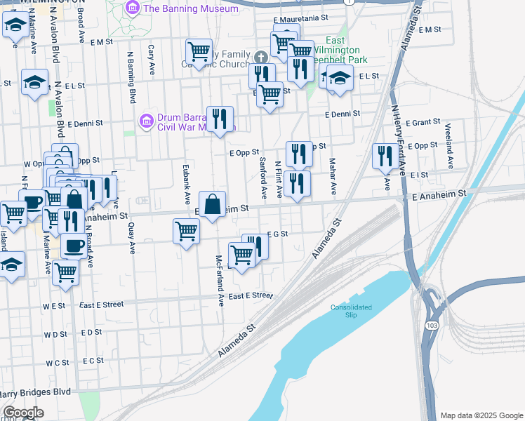 map of restaurants, bars, coffee shops, grocery stores, and more near 729 Sanford Avenue in Los Angeles