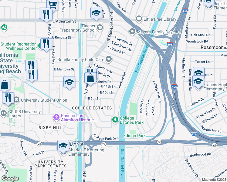 map of restaurants, bars, coffee shops, grocery stores, and more near 6911 East 10th Street in Long Beach