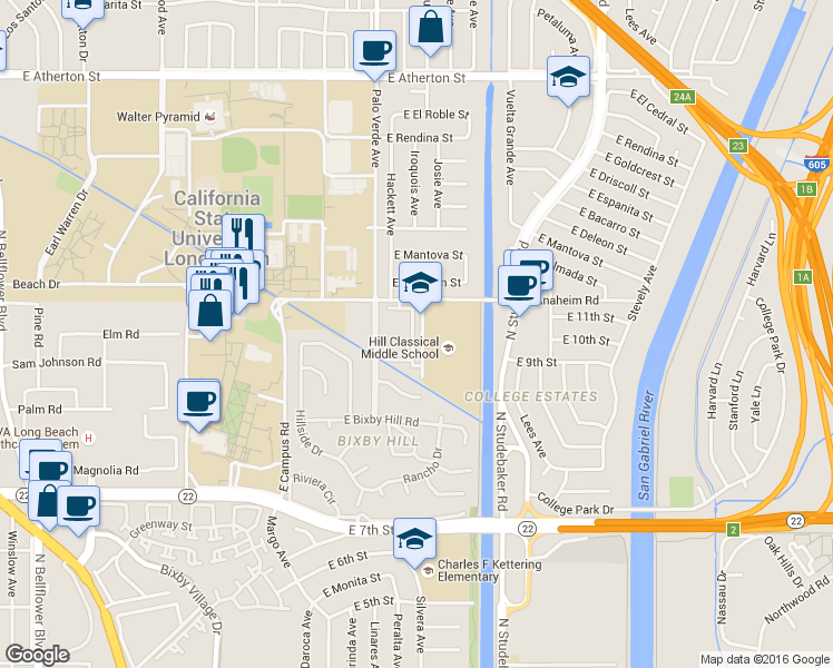 map of restaurants, bars, coffee shops, grocery stores, and more near 1032 Palo Verde Avenue in Long Beach