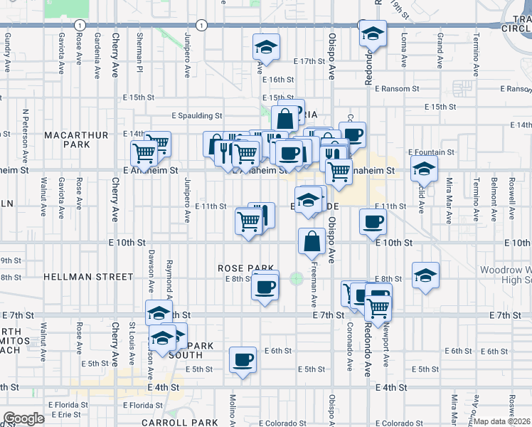 map of restaurants, bars, coffee shops, grocery stores, and more near 1051 Gladys Avenue in Long Beach