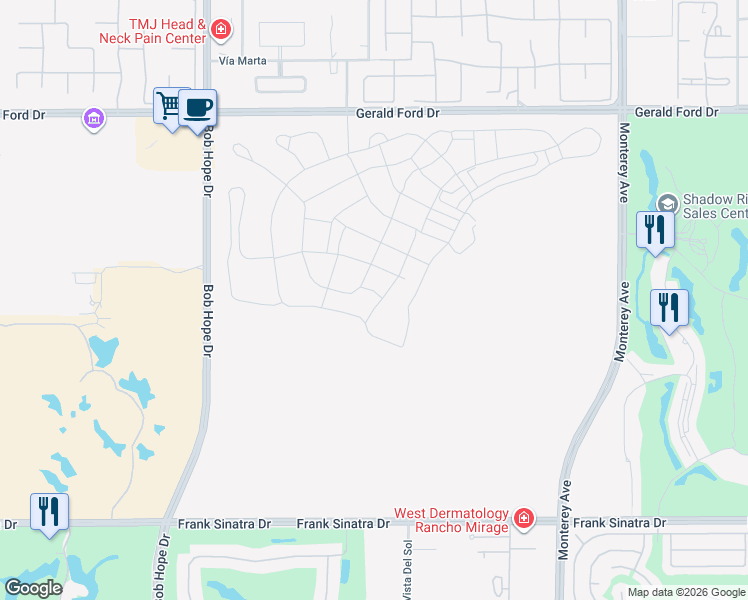 map of restaurants, bars, coffee shops, grocery stores, and more near 5 Marine Way in Rancho Mirage