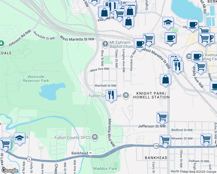 map of restaurants, bars, coffee shops, grocery stores, and more near 1179 Foster Place Northwest in Atlanta