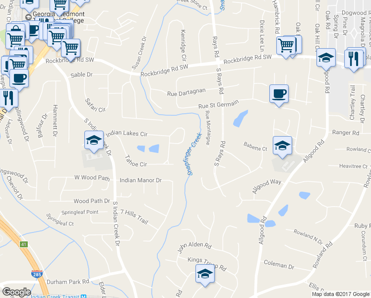 map of restaurants, bars, coffee shops, grocery stores, and more near 4138 Indian Lakes Circle in Stone Mountain