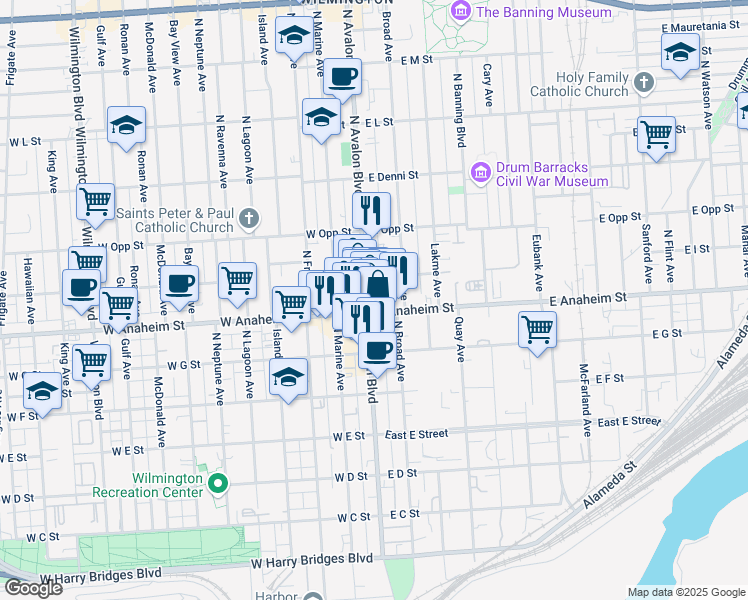 map of restaurants, bars, coffee shops, grocery stores, and more near 810 North Avalon Boulevard in Los Angeles