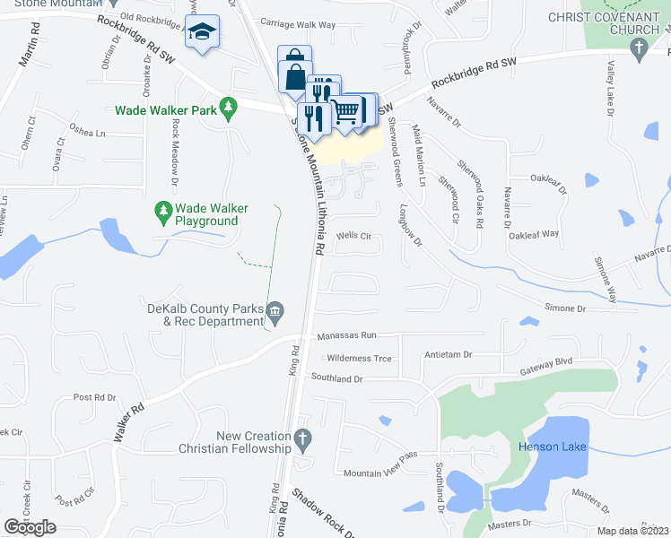 map of restaurants, bars, coffee shops, grocery stores, and more near 5703 Mountain Crescent in Stone Mountain