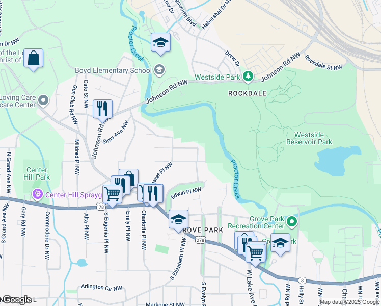 map of restaurants, bars, coffee shops, grocery stores, and more near 1792 Charles Place Northwest in Atlanta