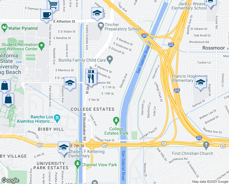 map of restaurants, bars, coffee shops, grocery stores, and more near 6911 East 10th Street in Long Beach