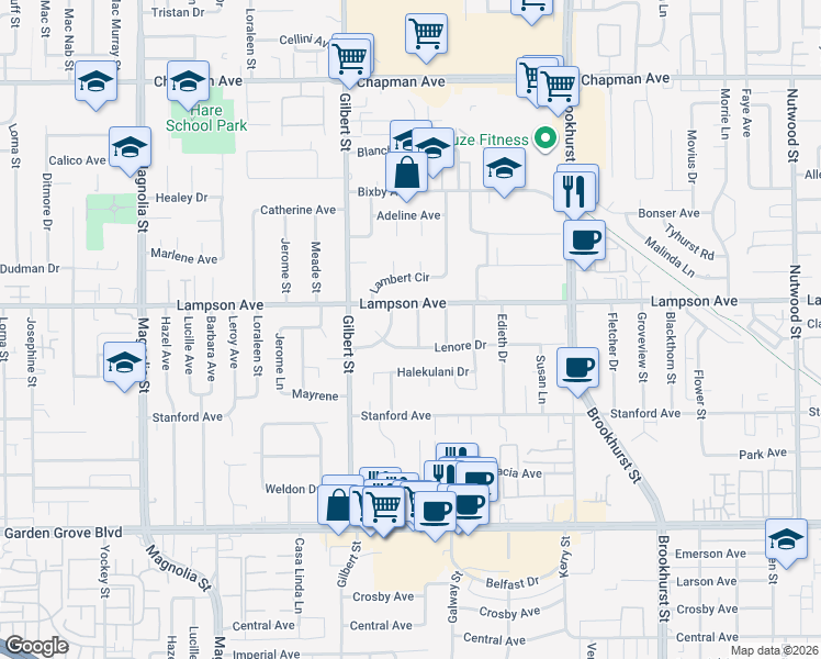 map of restaurants, bars, coffee shops, grocery stores, and more near 12561 Jane Drive in Garden Grove