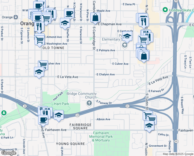 map of restaurants, bars, coffee shops, grocery stores, and more near 925 East La Veta Avenue in Orange