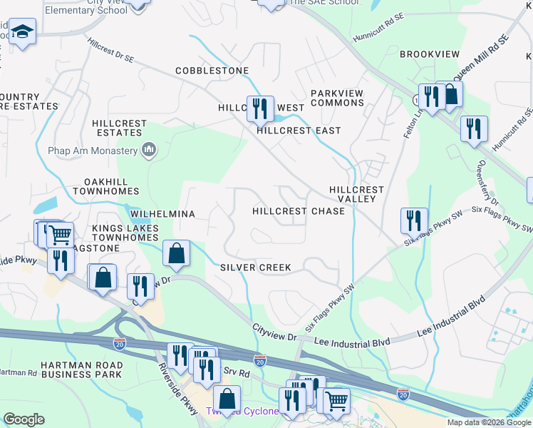 map of restaurants, bars, coffee shops, grocery stores, and more near 334 Alderman Trace Southwest in Austell
