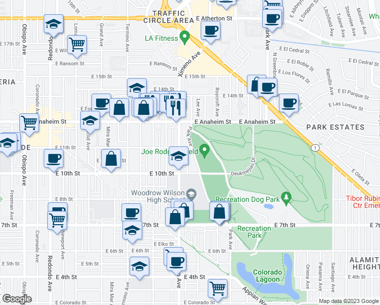 map of restaurants, bars, coffee shops, grocery stores, and more near 1077 Park Avenue in Long Beach