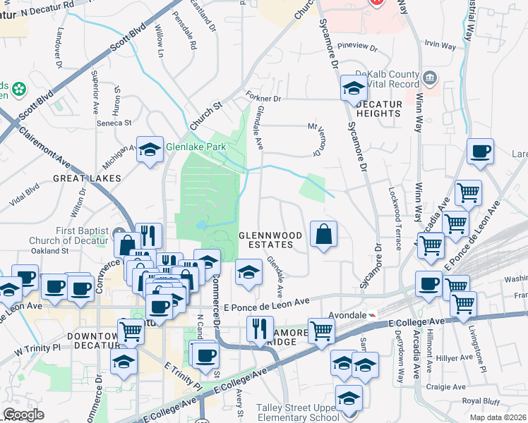 map of restaurants, bars, coffee shops, grocery stores, and more near 330 Glendale Avenue in Decatur